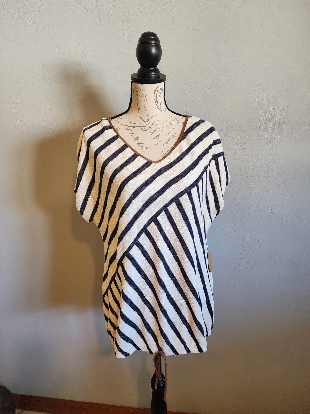 Casual V-Neck Striped Blouse in Black and White with Brown Trim